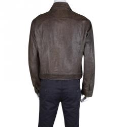 Pre Owned Emporio Armani Brown Embossed Leather Zip Front Jacket XL