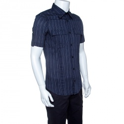 Pre Owned Emporio Armani Navy Blue Striped Cotton Short Sleeve Button Front Shirt L