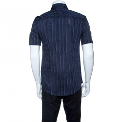 Pre Owned Emporio Armani Navy Blue Striped Cotton Short Sleeve Button Front Shirt L