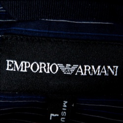 Pre Owned Emporio Armani Navy Blue Striped Cotton Short Sleeve Button Front Shirt L