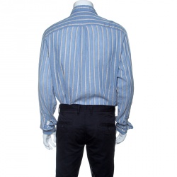 Pre Owned Emporio Armani Blue and Beige Striped Cotton and Hemp Long Sleeve Shirt L