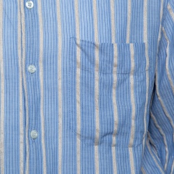 Pre Owned Emporio Armani Blue and Beige Striped Cotton and Hemp Long Sleeve Shirt L