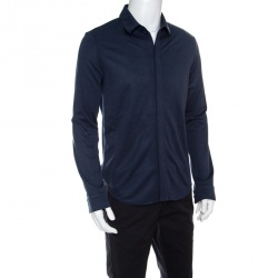 Pre Owned Emporio Armani Navy Blue Jacquard Knit Long Sleeve Shirt M