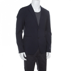 Pre Owned Emporio Armani Navy Blue Gingham Checked Wool Tailored Blazer L