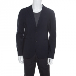 Pre Owned Emporio Armani Navy Blue Gingham Checked Wool Tailored Blazer L