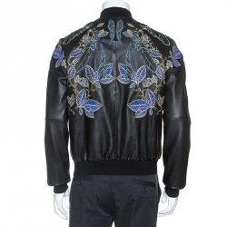 Pre Owned Emporio Armani Black Embroidered Lamb Leather Bomber Jacket XL