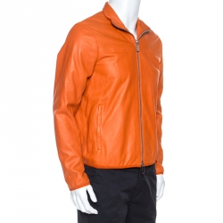 Pre Owned Emporio Armani Orange Leather Zip Front Jacket L