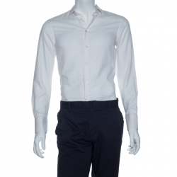 Pre Owned Emporio Armani White Jacquard Patterned Cotton Long Sleeve Shirt M