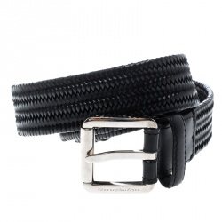 Pre Owned حزام إيرمنجليدو زينيا جلد أسود مغزول مجدول مطاطي 105 سم