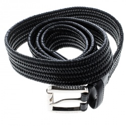 Pre Owned حزام إيرمنجليدو زينيا جلد أسود مغزول مجدول مطاطي 105 سم