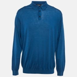 Blue Wool Knit Long Sleeve Polo T-Shirt