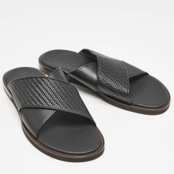 Pre Owned Ermenegildo Zegna Black Woven Leather Flat Slides Size 46