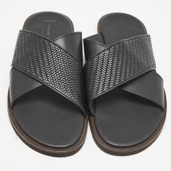 Pre Owned Ermenegildo Zegna Black Woven Leather Flat Slides Size 46