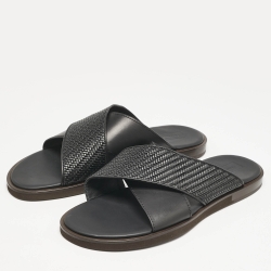 Pre Owned Ermenegildo Zegna Black Woven Leather Flat Slides Size 46