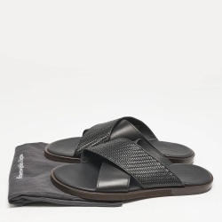 Pre Owned Ermenegildo Zegna Black Woven Leather Flat Slides Size 46