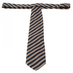 Pre Owned Ermenegildo Zegna Couture Navy Blue and Beige Textured Striped Silk Tie