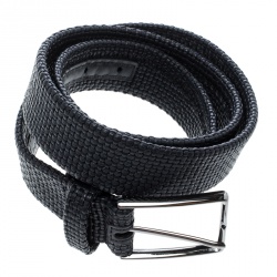 Pre Owned Ermenegildo Zegna Black Woven Leather Elastic Belt 90 CM