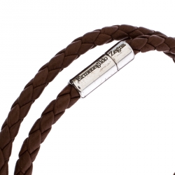 Pre Owned Ermenegildo Zegna Brown Woven Leather Silver Double Wrap Cord Bracelet