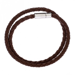 Pre Owned Ermenegildo Zegna Brown Woven Leather Silver Double Wrap Cord Bracelet