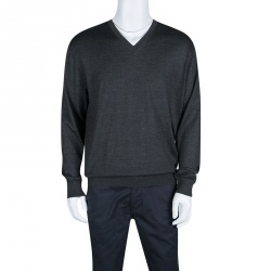 Pre Owned Ermenegildo Zegna Dark Grey Cashmere and Silk Long Sleeve V Neck Sweater XXL