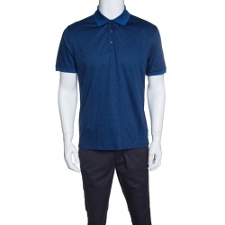 Pre Owned Ermenegildo Zegna Blue and Black Cotton Knit Diamond Pattern Polo T-Shirt M