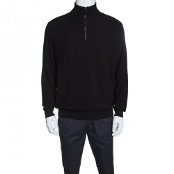 Pre Owned Ermenegildo Zegna Black Wool and Cashmere Leather Patch Detail Sweater XXL
