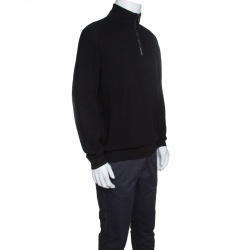 Pre Owned Ermenegildo Zegna Black Wool and Cashmere Leather Patch Detail Sweater XXL