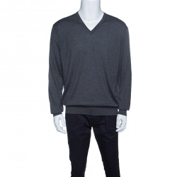 Ermenegildo Zegna Grey Cashseta Light Ribbed Trim V-Neck Sweater XXL