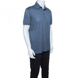 Pre Owned Ermenegildo Zegna Metallic Grey Silk Knit Ribbed Trim Polo T-Shirt M