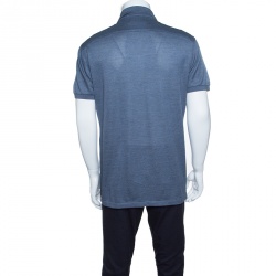 Pre Owned Ermenegildo Zegna Metallic Grey Silk Knit Ribbed Trim Polo T-Shirt M
