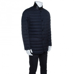 Pre Owned Ermenegildo Zegna Navy Blue Melange Wool Leather Trim Quilted Down Jacket XXL