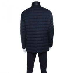 Pre Owned Ermenegildo Zegna Navy Blue Melange Wool Leather Trim Quilted Down Jacket XXL