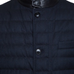 Pre Owned Ermenegildo Zegna Navy Blue Melange Wool Leather Trim Quilted Down Jacket XXL
