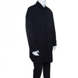 Pre Owned Ermenegildo Zegna Navy Blue Wool Gabardine Leather Trim Long Jacket XL