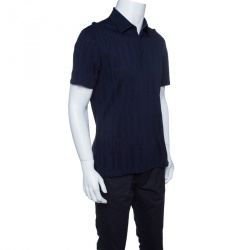 Pre Owned Ermenegildo Zegna Navy Blue Patterned Honeycomb Knit Polo T-Shirt M