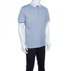 Pre Owned Ermenegildo Zegna Navy Blue and White Honeycomb Knit Polo T-Shirt L