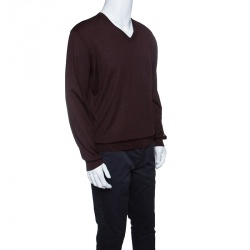 Pre Owned Ermenegildo Zegna Brown Cashseta Light Ribbed Trim V-Neck Sweater L