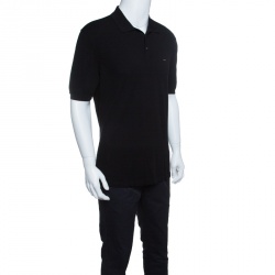 Pre Owned Ermenegildo Zegna Couture Black Honeycomb Knit Logo Embroidered Polo T-Shirt L