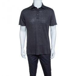 Pre Owned Ermenegildo Zegna Dark Grey Linen Jersey Polo T-Shirt S