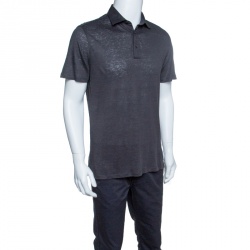 Pre Owned Ermenegildo Zegna Dark Grey Linen Jersey Polo T-Shirt S