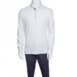Pre Owned Ermenegildo Zegna Cream Melange Jersey Long Sleeve Polo T-Shirt M