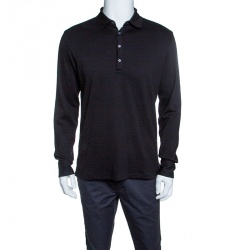 Pre Owned Ermenegildo Zegna Black Cotton Jersey Suede Trim Long Sleeve Polo T-Shirt M