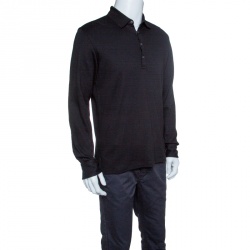 Pre Owned Ermenegildo Zegna Black Cotton Jersey Suede Trim Long Sleeve Polo T-Shirt M