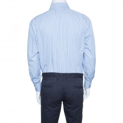 Pre Owned قميص ايرمنيجيلدو زينيا أزرار أمامية قصة إعتيادية قطن مخطط أزرق XL