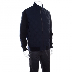 مملوكة مسبقًا Ermenegildo Zegna Navy Blue Leather Trim Detail Quilted Wool Trofeo Down Jacket XXL