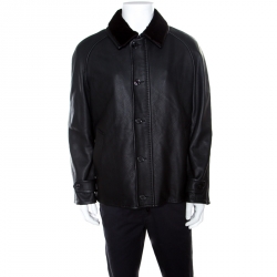 Pre Owned Ermenegildo Zegna Black Mink Fur Collar Detail Zip Front Deer Leather Jacket 3XL