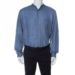Pre Owned Ermenegildo Zegna Blue Linen Mandarin Collar Button Down Shirt XL