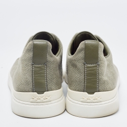 Pre Owned Ermenegildo Zegna Olive Green Denim Triple Stitch Low Top Sneakers Size 42.5