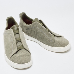 Pre Owned Ermenegildo Zegna Olive Green Denim Triple Stitch Low Top Sneakers Size 42.5