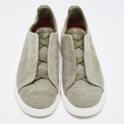 Pre Owned Ermenegildo Zegna Olive Green Denim Triple Stitch Low Top Sneakers Size 42.5